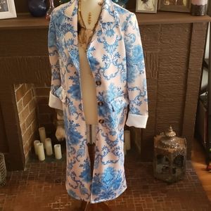 Long Dress Coat- Blue and White Floral